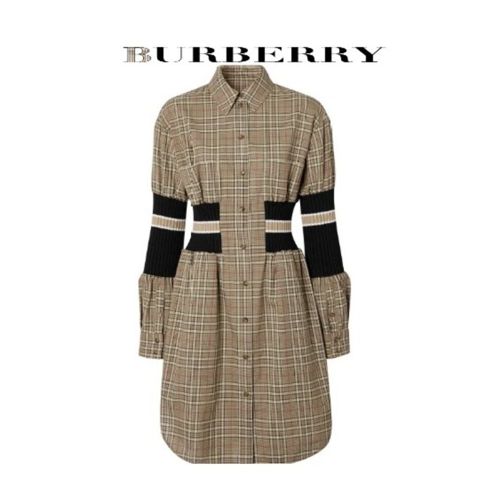 Burberry - Rib Knit Panel Check Cotton Poplin Shirt Dress - Size 36